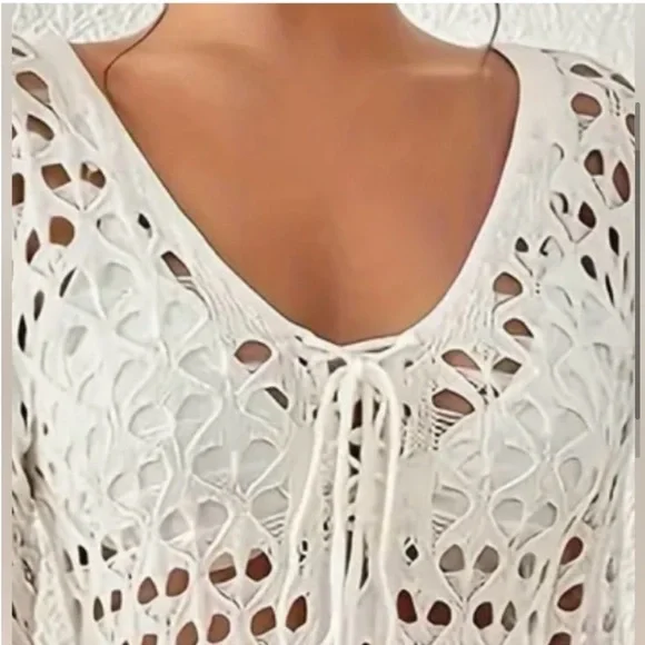 Hollow Out Crochet Lace Up Knitted Beach Summer Cover-Up Dress, Size L, NWOT - Picture 6 of 10